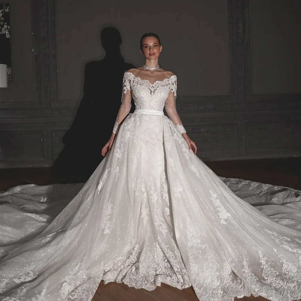

Sparkling Off Shoulder Wedding Dresses 2025 Luxury Long Sleeve Applique Detachable Train Mermaid Lace Bride Gowns Customized