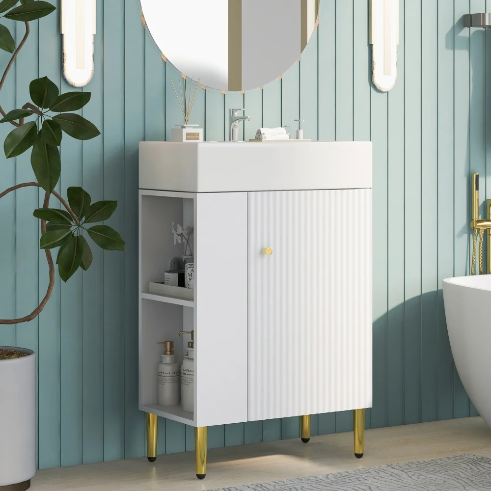 

21.6" Stylish White Bathroom Vanity with Left Side Storage Ceramic Sink Compact Bathroom Vanity Cabinet Gold Legs Space-Saving