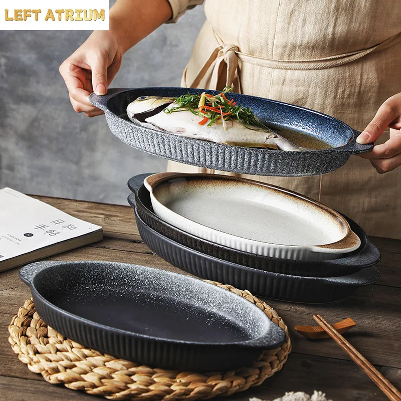 

Large Plates Creative Steamed Fish Plates Household Ceramic Tableware Japanese Tableware Packing Dishes Home Furnishings