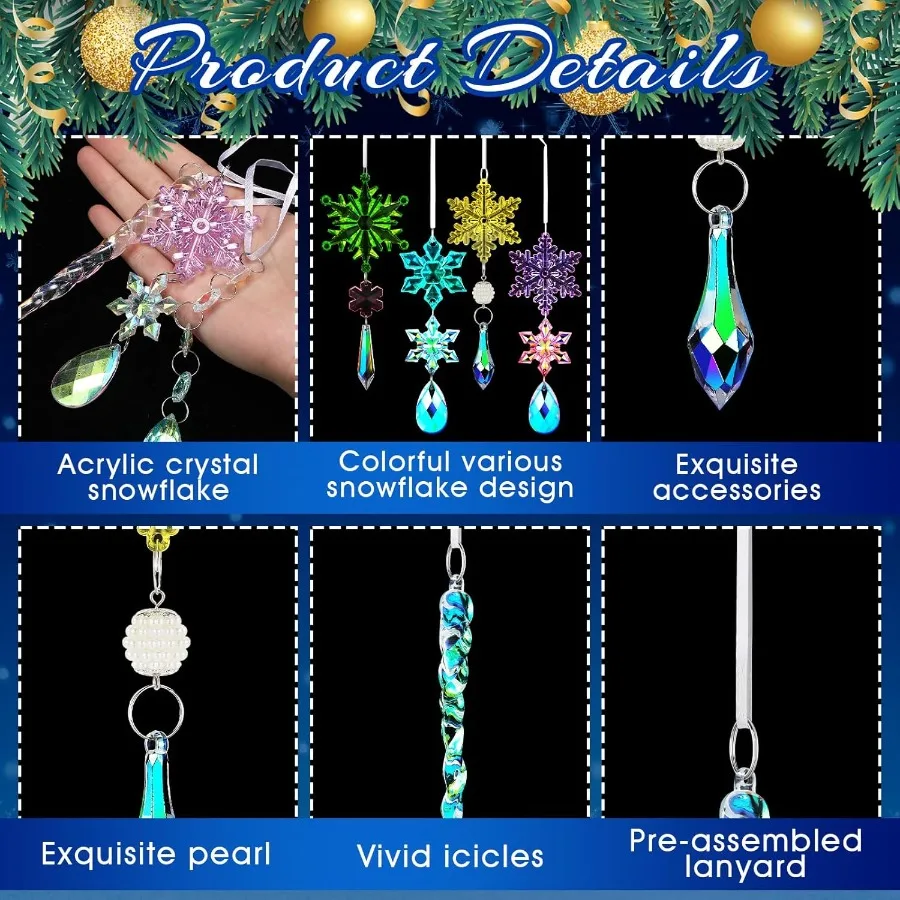 24 قطعة زينة عيد الميلاد الكريستالية لشجرة التقزح اللوني ندفة الثلج الاكريليك الشتاء حلي معلقة مع 8 أنماط ندفة الثلج Icic #5