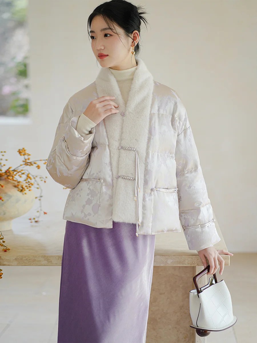 

Loose Women's down Jaet Winter New Sle Floral Embroidery National Sle Fur Collar ort Chinese Sle Outerwear