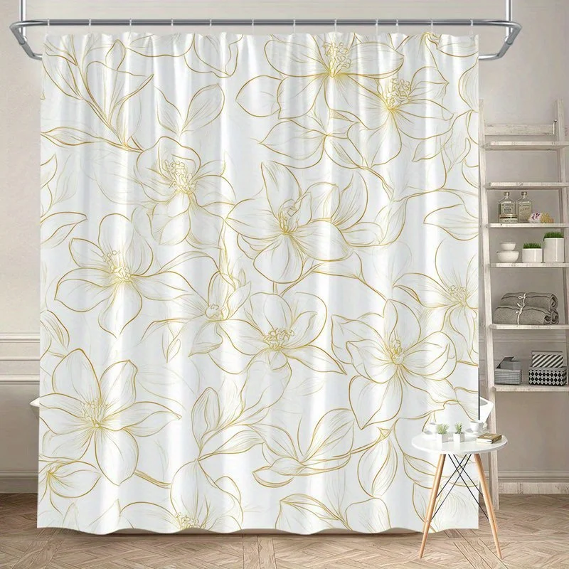 

1 шт., занавеска для душа с золотым цветочным узором, полиэфирная ткань, можно стирать в машине, подходит для украшения ванной комнаты