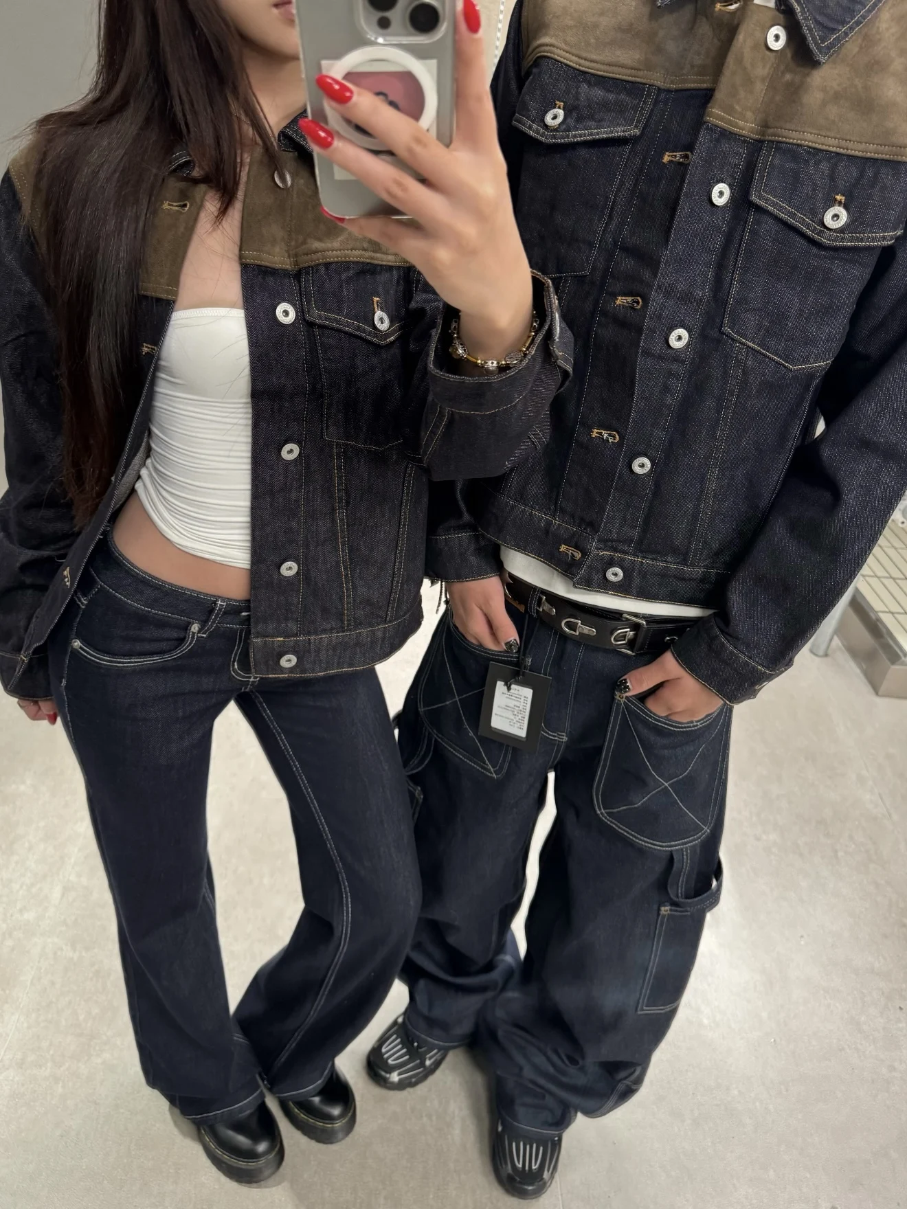 ex الجلد المدبوغ المرقعة غرزة التباين اللون الأصلي oulder الدنيم Jaet الخريف الشتاء تنوعا Jaet للرجال والنساء #4