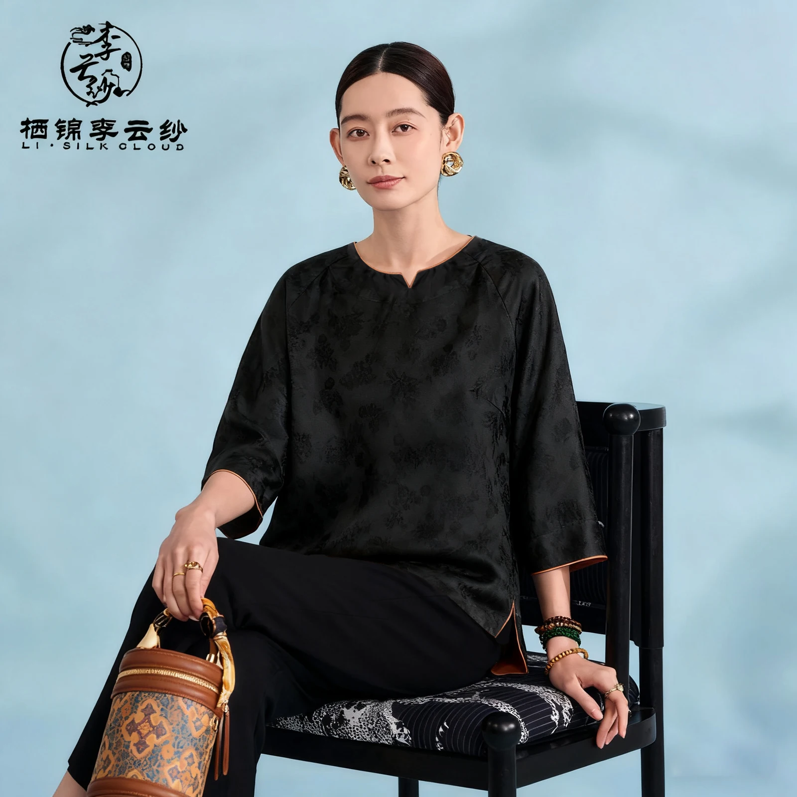 

LI SILK CLOUD xiangyunsha Топ с длинными рукавами - 100% тутовый шелк, восточные узоры Гуандун Черный жемчуг Гуандун Марля