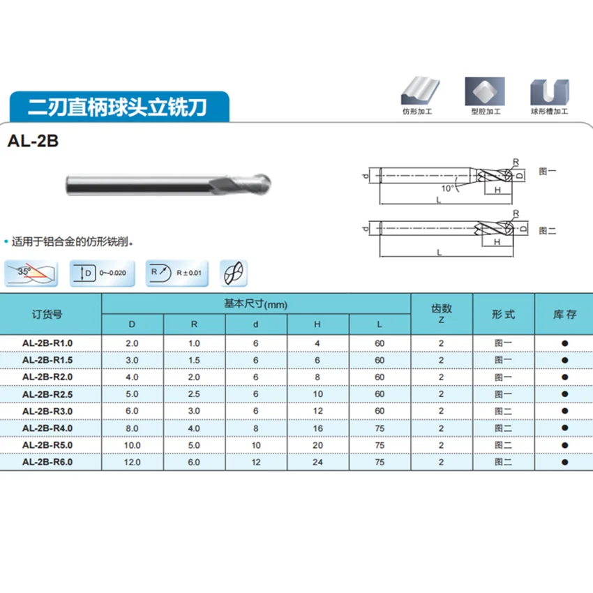 10pcs AL-2B-R1.0S AL-2B ZCC.CT Solid hard alloy tungsten steel end mill AL-2B-R1.0S Double-edged for aluminum Ball nose end mill