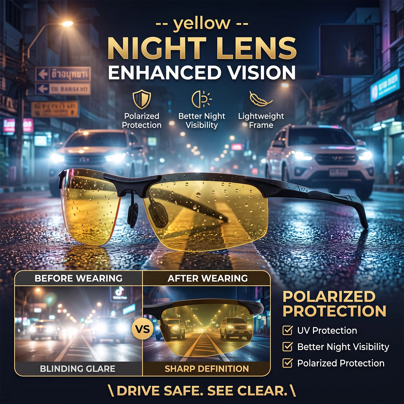 Half Frame Polarized Night Glasses Adjustable Silicone Nose Pads Anti High Beam Glare UV400 for Night Driving Cycling Rainy Days