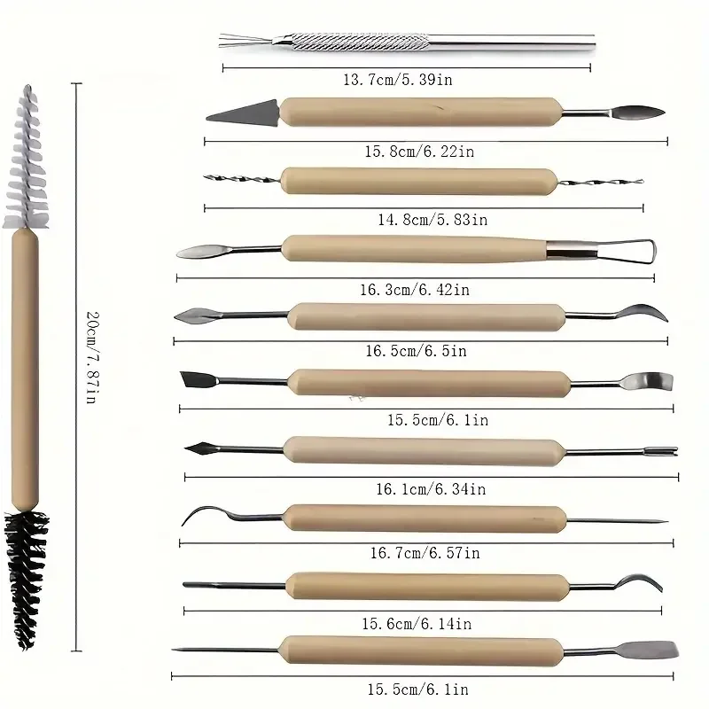 11Pcs Pottery Tools Clay Sculpting Carving Tool Set Wooden Ceramics Smoothing Shaper Tools for Potters Handle Carving Modeling