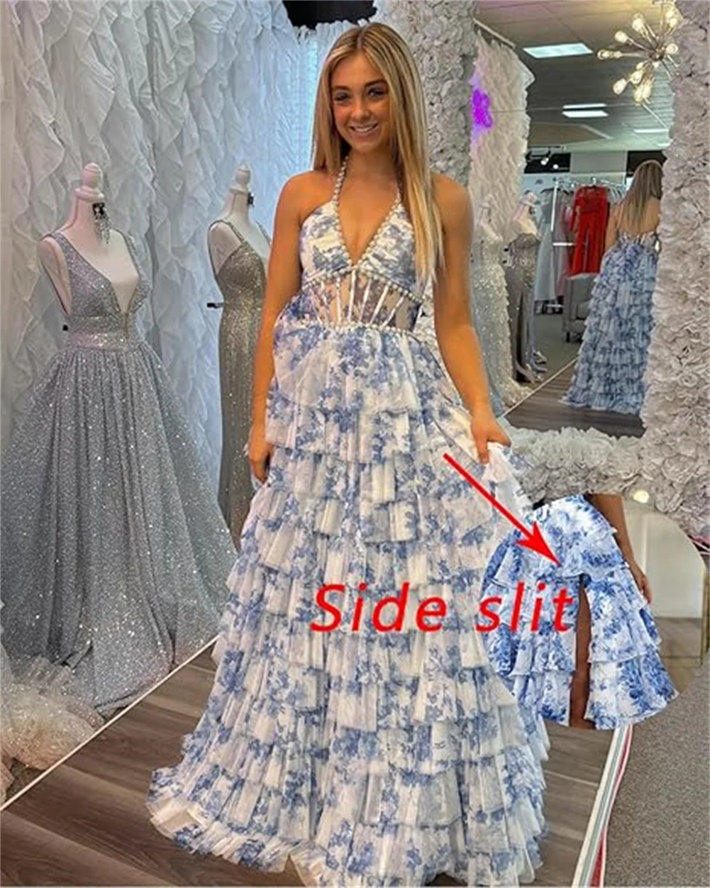 

Customized Tiered Halter V Neck Prom Dress For Teens Flower Chiffon Long Formal Evening Gown With Slit A Line Bridesmaid Dresses