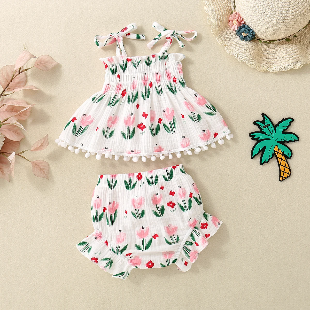 Summer Infant Girls Floral Embroidered Sleeveless Skirt And Shorts Set Baby Girl's Two-Piece Outfit with Floral Embroidery