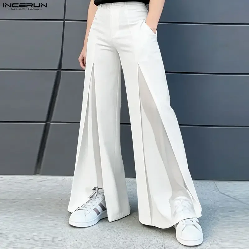 INCERUN Herren-Hose mit weitem Bein, Netz-Patchwork, durchsichtige Knopfhose für Herren, Streetwear 2026, lässige lange Hose für Herren, Pantalon