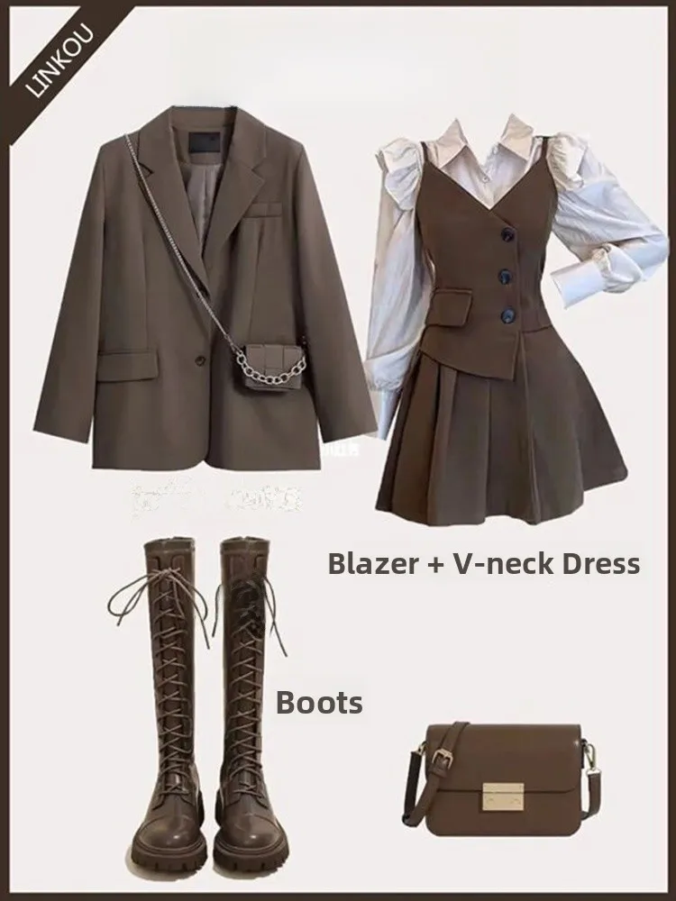 

Korean Sle Women's Suit Jaet irt Dr Tee Piece Set Spring Autumn Profional College Faion Small Size