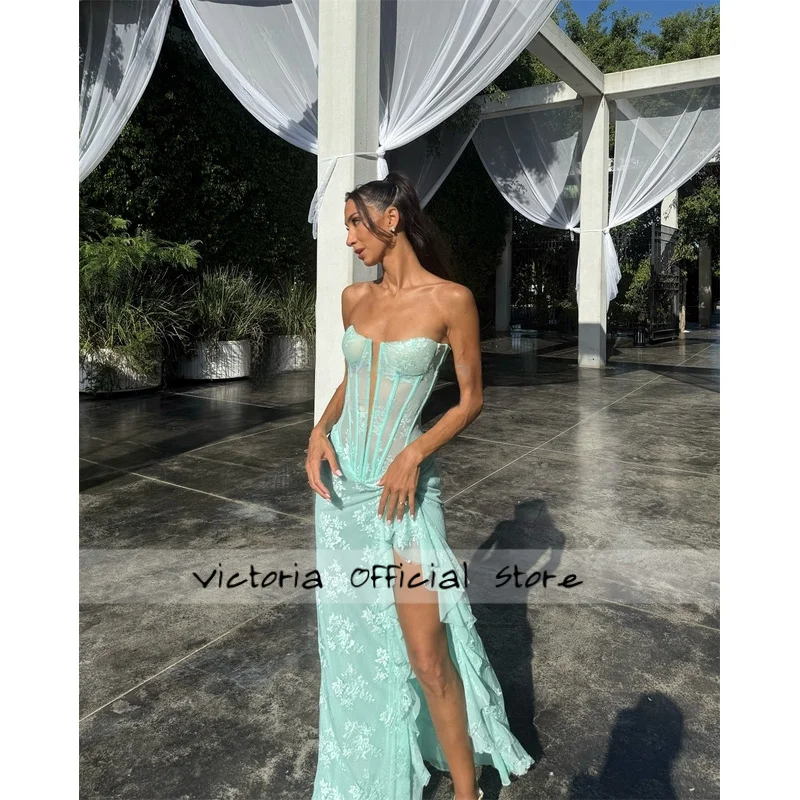 النعناع الأخضر تول قبالة الكتف فساتين لحضور الحفلات الموسيقية مثير عالية سبليت الجلباب دي سواريه الدانتيل الكشكشة حورية البحر فساتين السهرة حسب الطلب #3