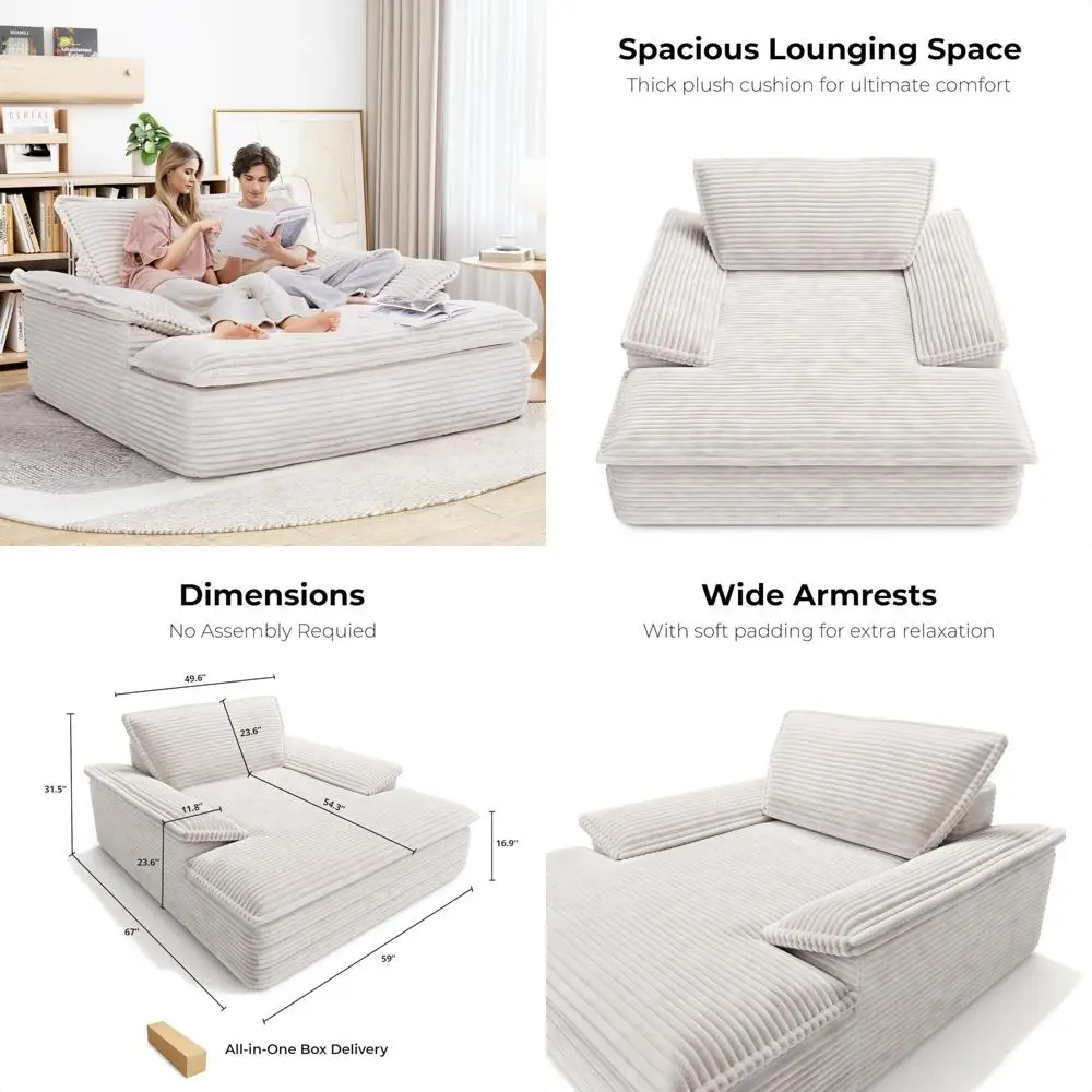 Oversized Chaise Lounge Chair Sofa Bed - Plush Corduroy Upholstered Reading Chair, Cloud Comfort Living Room Furniture, Ideal fo