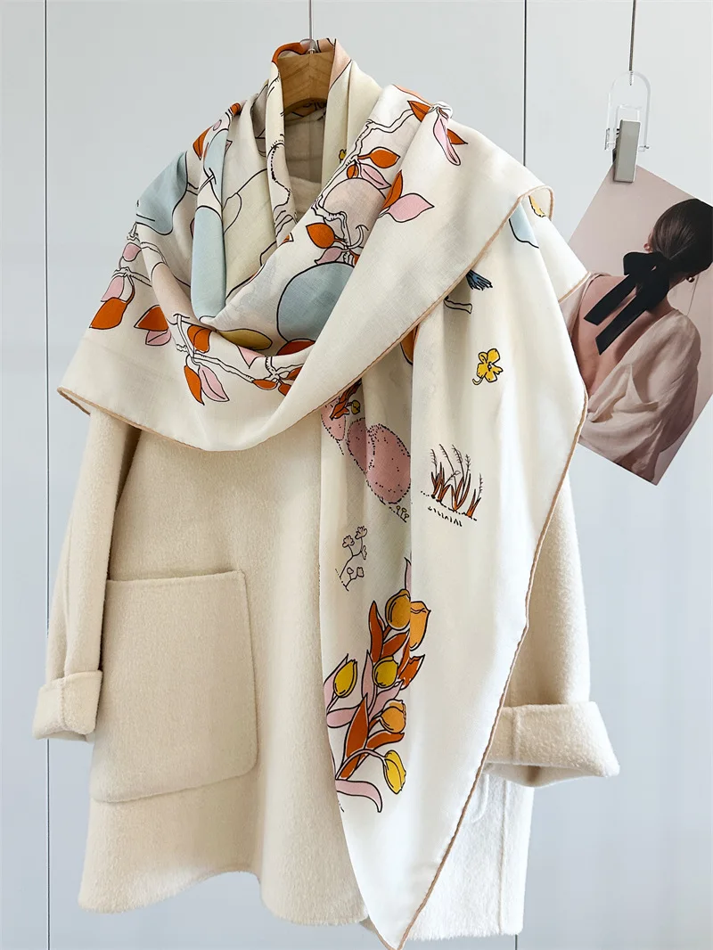 

Wool Silk Scarf 135CM Women Large Scarves Hand-rolled Edges Shawls Pashmina Winter Clothing Bag Accessories Stole Poncho Wrap