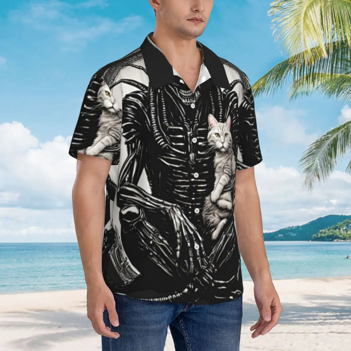 

Xenomorph And A Cat Hawaiian Shirts Fashion Men Short Sleeve Shirt for Summer Beach Men's Lapel Tops