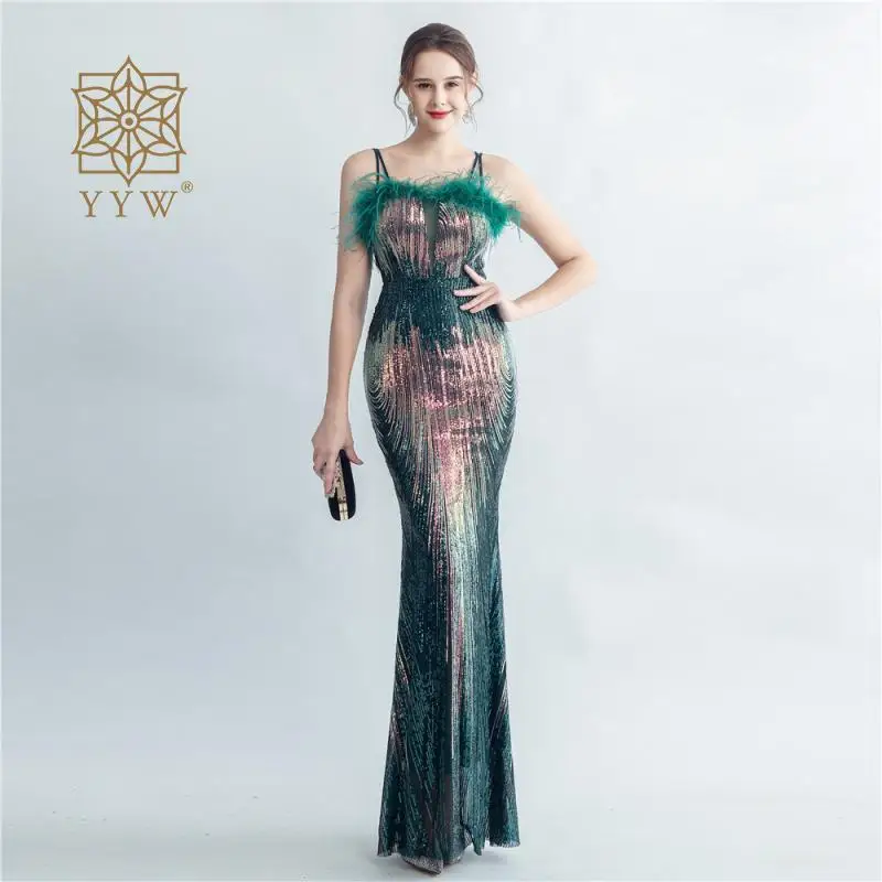 

Green Spaghetti Strap Deep V Evening Maxi Mermaid Dress For Women Glitter Sequin Christmas Prom Gown Formal Occasion Femme Dress