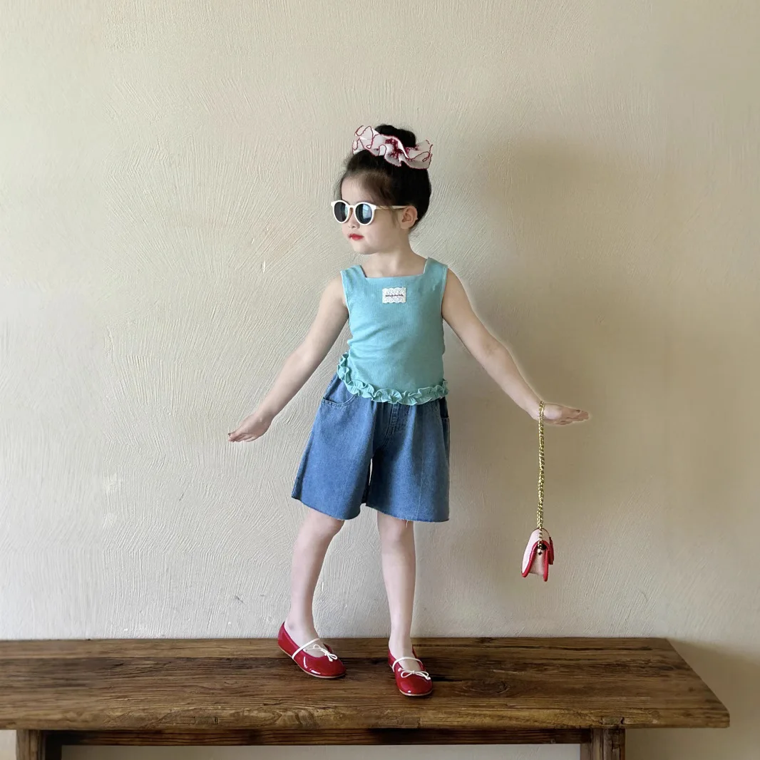 

Детский корейский топ без рукавов с квадратным вырезом, новинка лета 2024, рубашка без рукавов с квадратным вырезом и грибком для девочек, джинсовые брюки