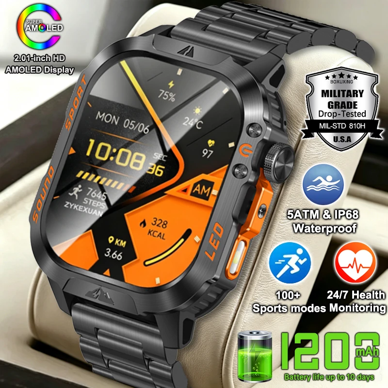 Nouvelle montre connectée militaire d'extérieur pour hommes, batterie 1200 mAh, étanche 5ATM, suivi de la forme physique, moniteur de fréquence cardiaque, montre connectée robuste pour le sport