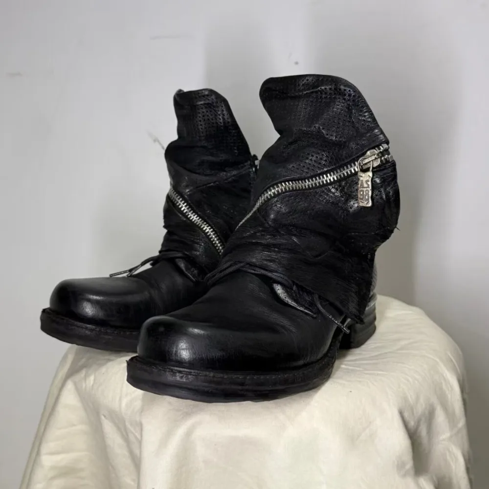 Fashion Men's Genuine Leather Riding Boots Mid-calf Vintage Motorcycle Boots Women zipper Punk Pleated Western Cowboy Boots