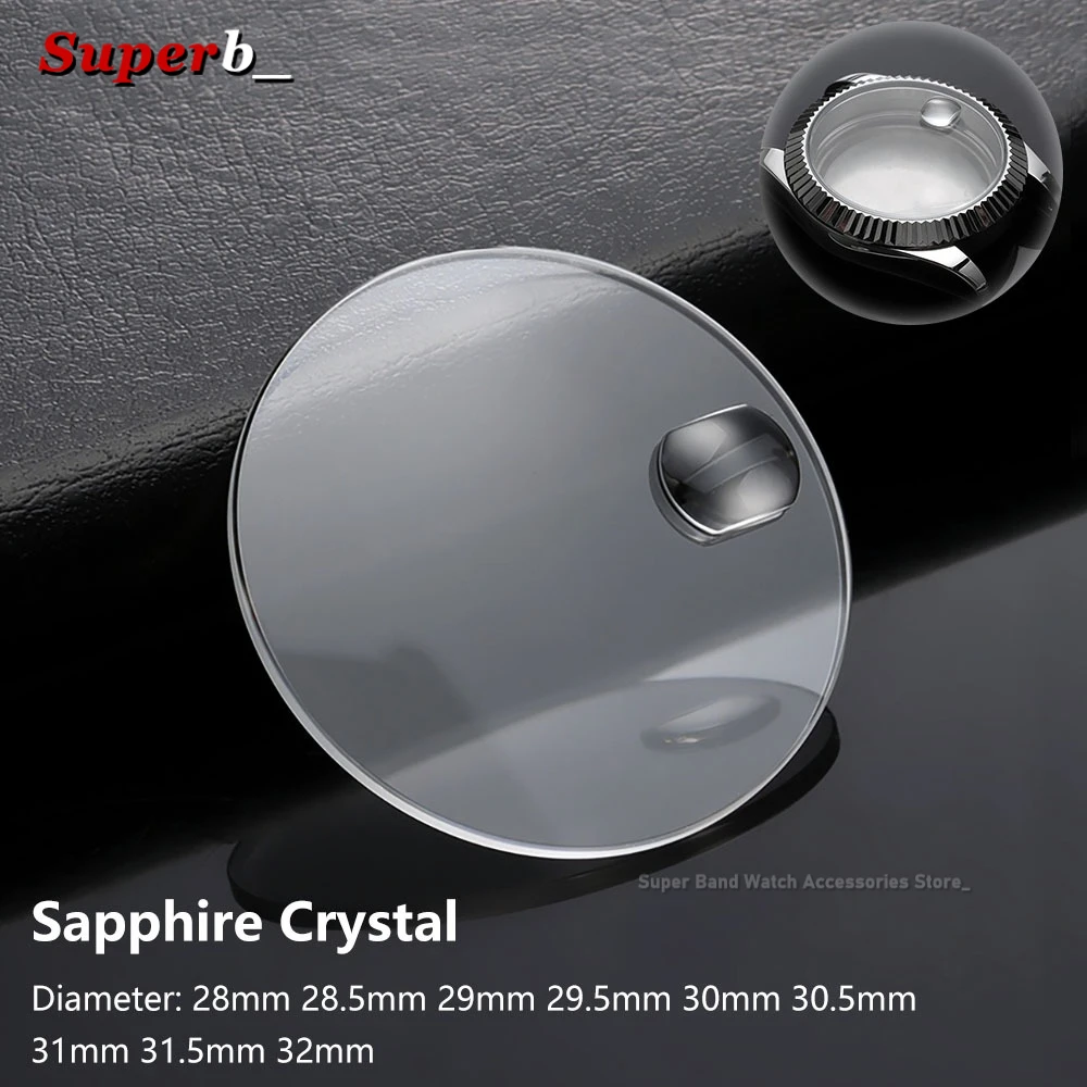 1.2mm Thick Sapphire Crystal Date Window Watch Glass Round Flat Mineral Timepiece Glass with Bubble Magnifier 28mm-32mm Diameter