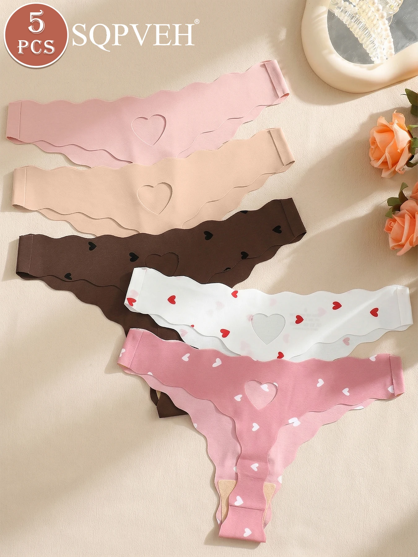 5 PCS Womens No Show Seamless Thong Panties, Hollow Heart Design, Soft Stretchy Ladies Underwear, Heart Print Intimate Lingerie