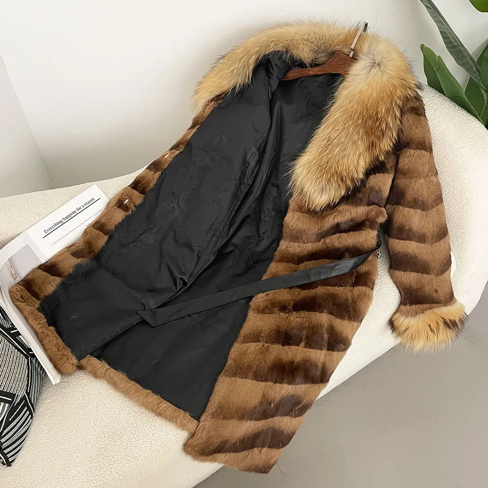 

MENINA натуральный меховой воротник енота 2025 зимняя одежда женская длинная куртка из натурального кроличьего меха женская мода теплое роскошное пальто женское