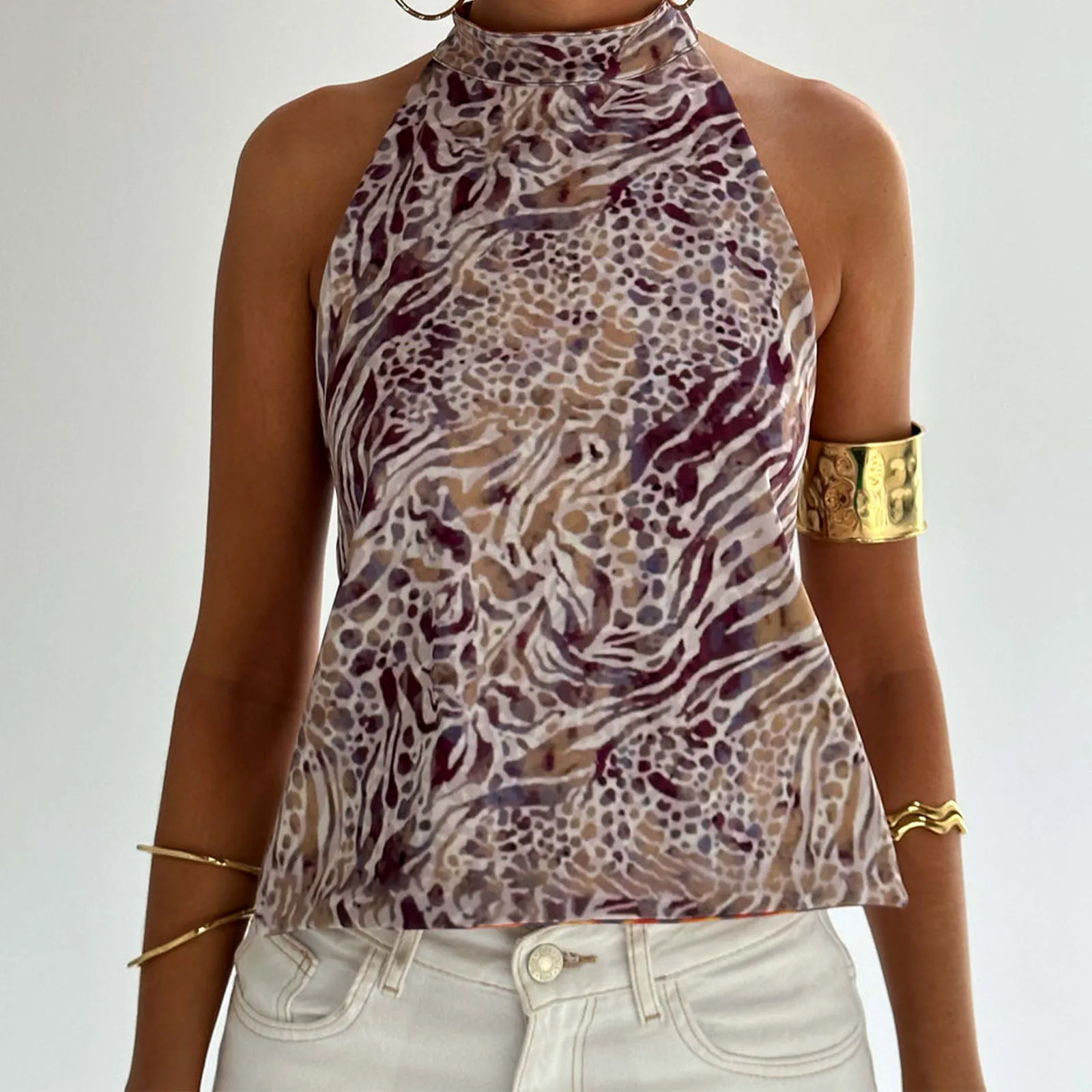 المرأة الرسن الأعلى أكمام عارية الذراعين النقاط/زهرة طباعة الصيف سترة لينة مريحة الرسن القمم للمواعدة نادي عطلة الحفلات