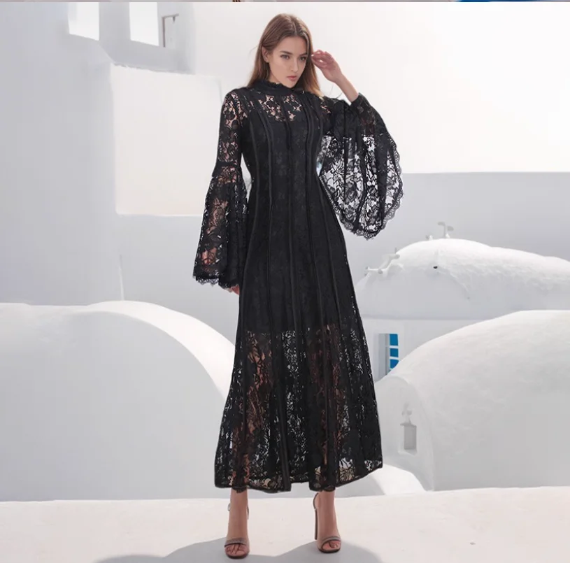 

Evening party lace see through dress with stand up collar and oversized flared sleeves