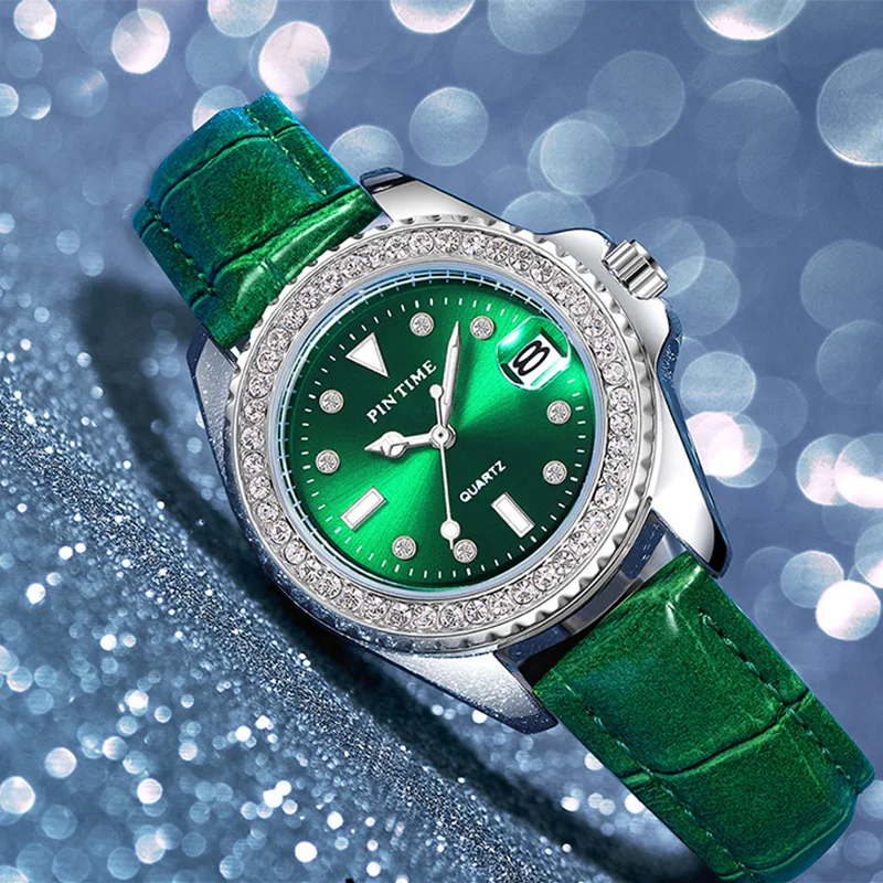 PINTIME Watch for Women Vintage Agate Green Leather Strap Diamond Dial Luminous Waterproof Calendar Quartz Wristwatch Relogios