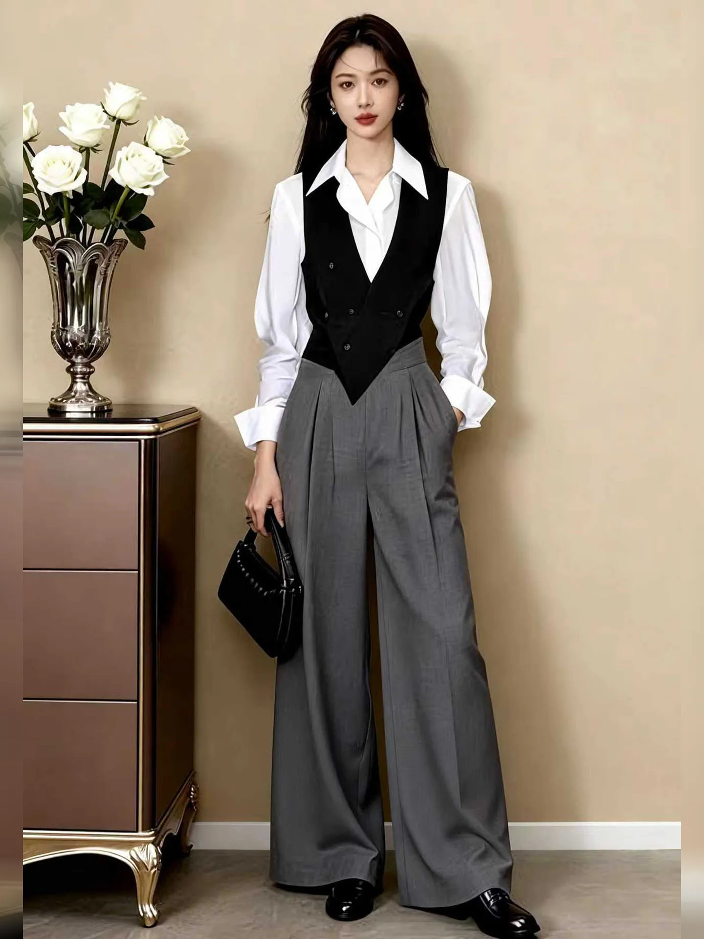 

Комплект офисной одежды Ele Lady: женские брюки с высокой талией и широкими штанинами, жилет, футболка, модный комплект из трех предметов, весенняя коллекция