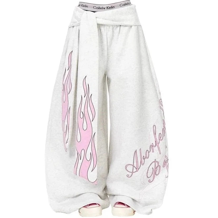 

Fall Winter plus Size American Flame Print Wide Leg Pants Men's Casual Comfortable Polyester Fiber High Street Sle Trousers