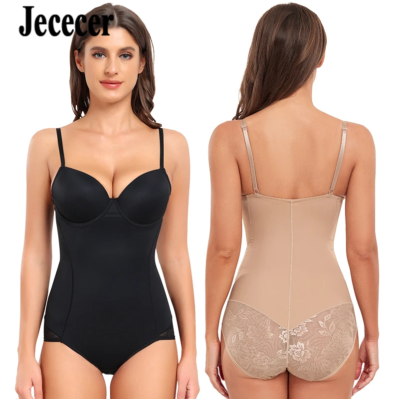 Jececer Bodysuit Women Abdomen Reducing Push Up Slimming Body Shapewear With Cup Open Crotch Lace Butt Female Underwear