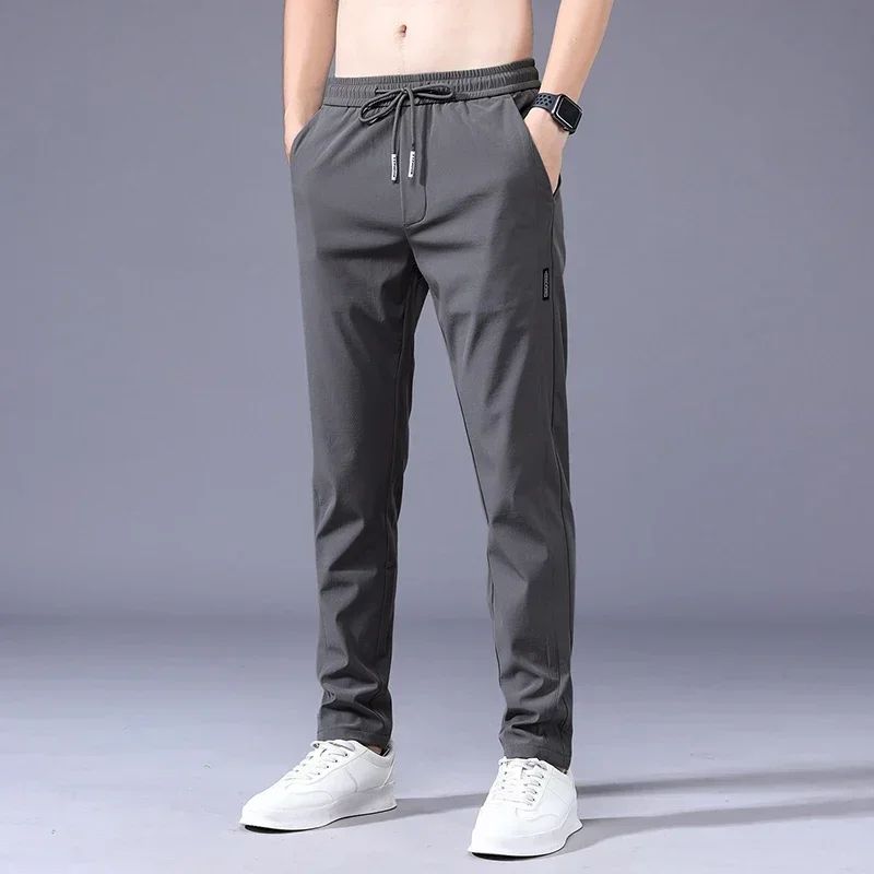 Summer Men\'s Casual Pants Thin Soft Elasticity Lace-up Waist Solid Color Pocket Applique Korea Grey Black Work Trousers Male