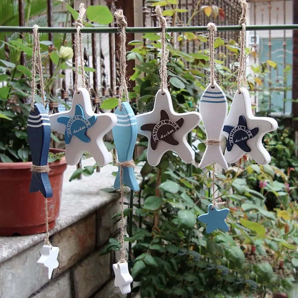 Marine Pendant Wooden Starfish Hung Fish Mediterranean Style Starfish String Fish Skewer Crafts Pendant Fish Nautical Decor