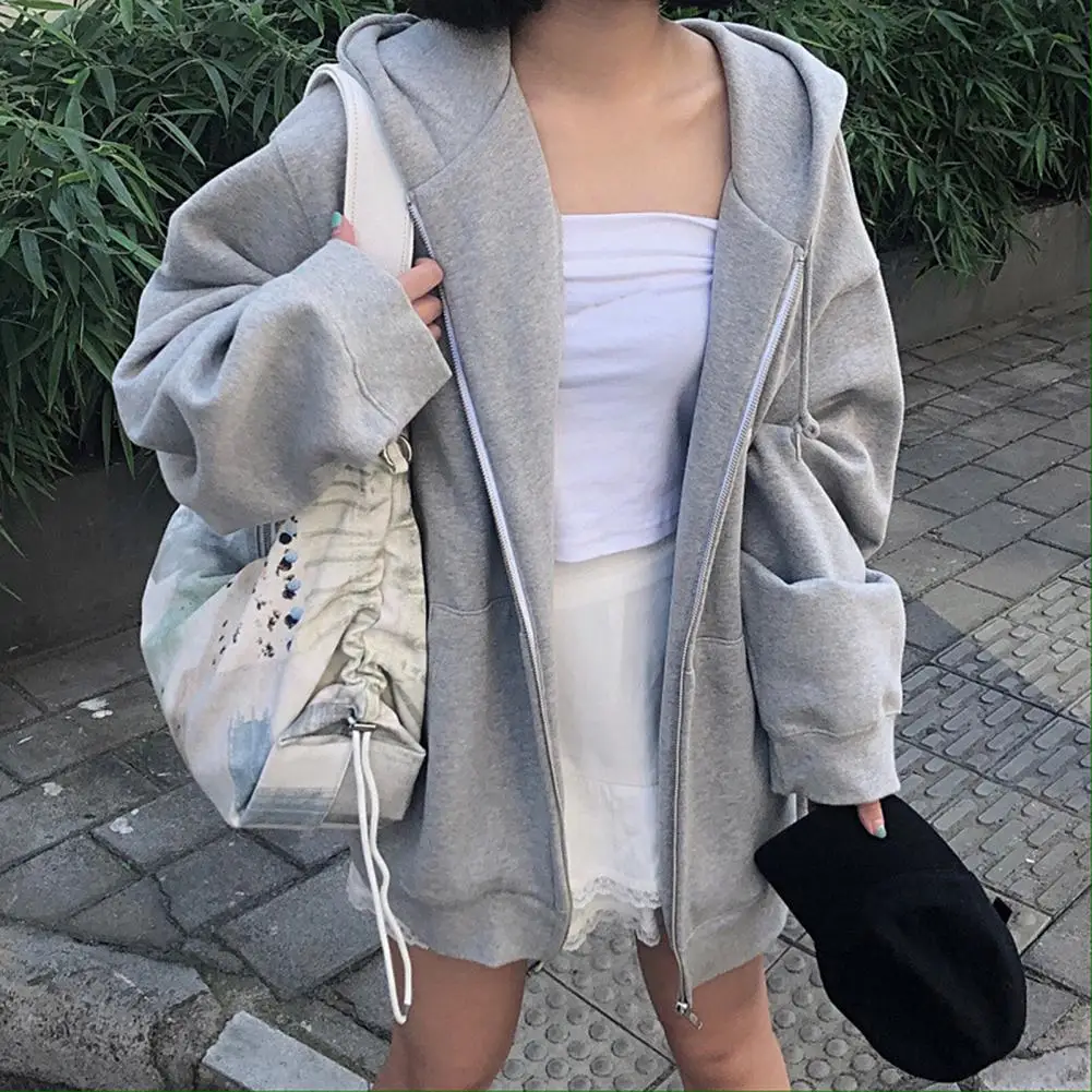 Oversize Women Hoodies Coat Solid Color with Hat Thin Zipper Hooded Cardigan Korean Loose Long Sleeves Autumn Jacket Sweatshirt