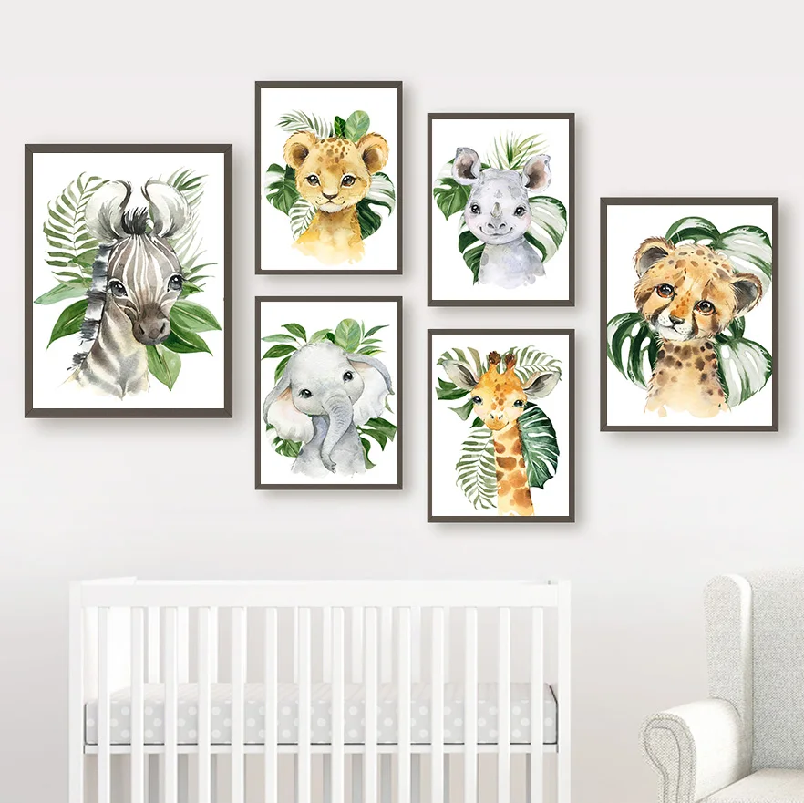 Póster de arte de pared con estampados de elefantes, jirafas, leones y cebra, pintura en lienzo para guardería, imágenes de pared nórdicas, decoración para habitación de bebé