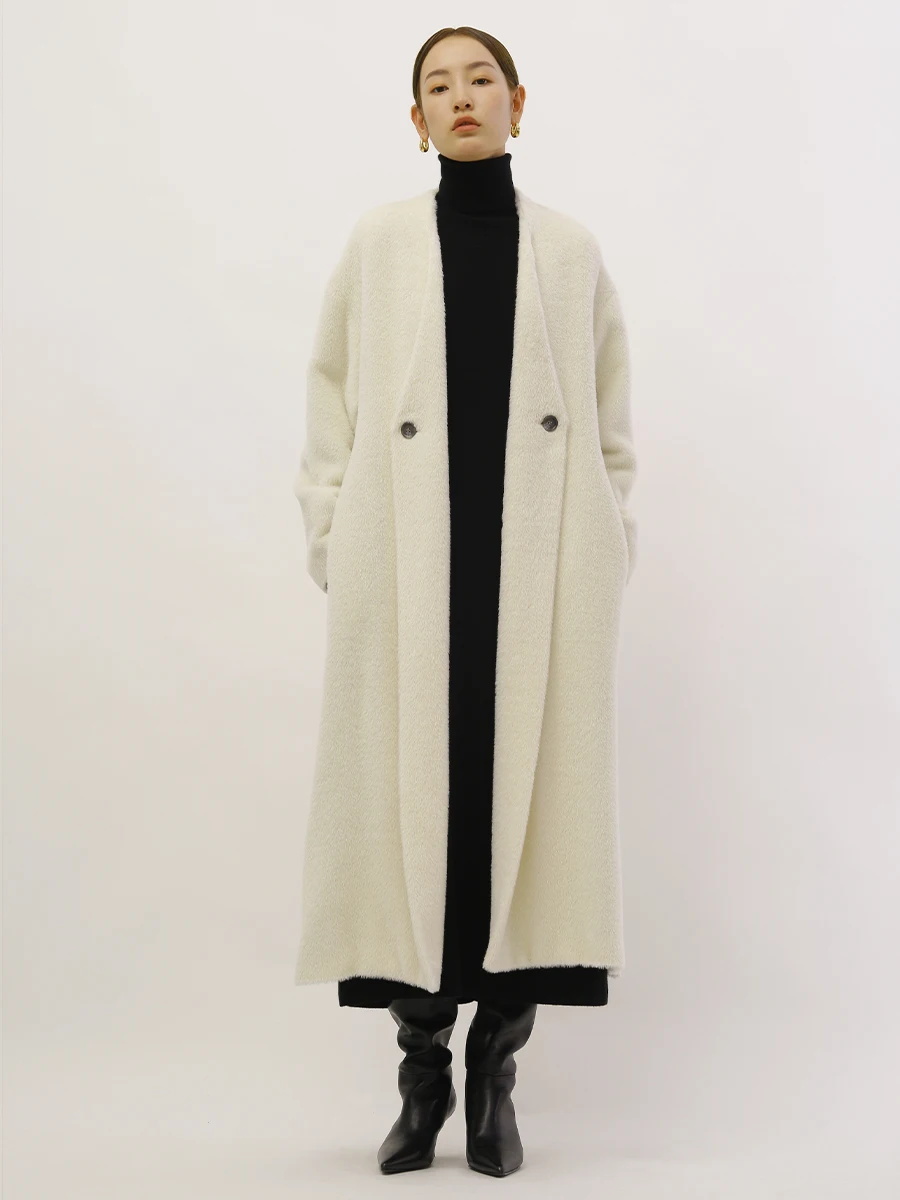 

Yuel Xiang Ele Simple Long Coat Autumn Winter Woolen Jaet without Collar Faionable Women's Commute Wear