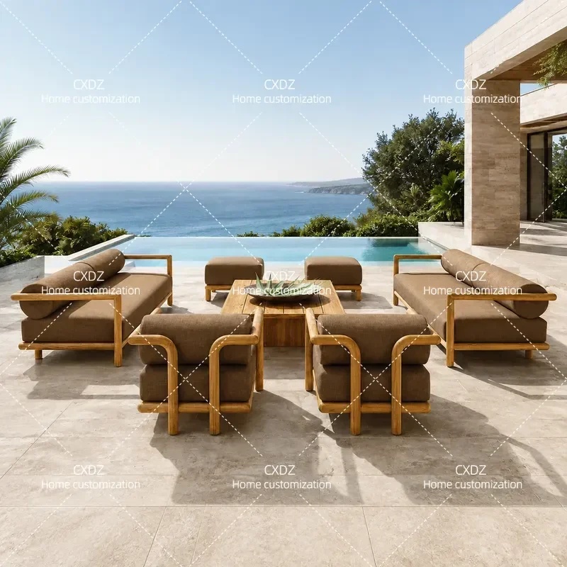 Outdoor Teak Wood Sofa Set Waterproof Sunproof Solid Wood Garden Furniture for Villa Courtyard Balcony Patio Anti Corrosion