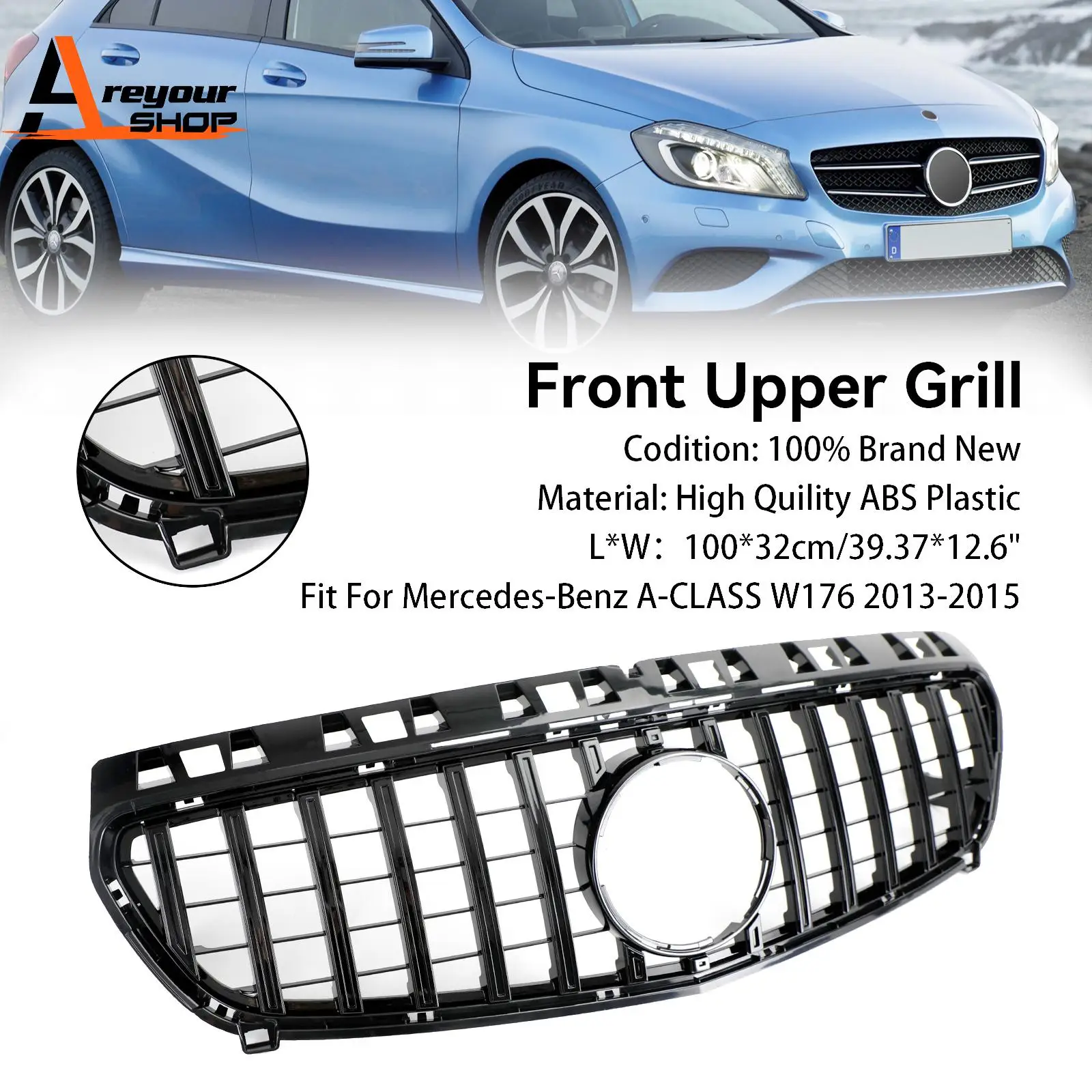 Front Bumper Grille Grill Fit for Mercedes Benz A CLASS W176 2013-2015 Gloss Black