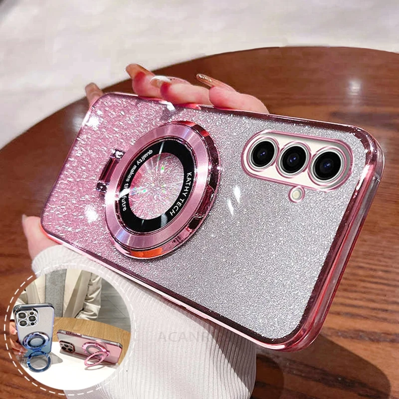 M 14 34 54 55 Luxury Glitter Plating Holder Case For Samsung Galaxy M14 M34 M54 M23 M52 M55 M51 Silicone Stand Cover S24 Fe Plus