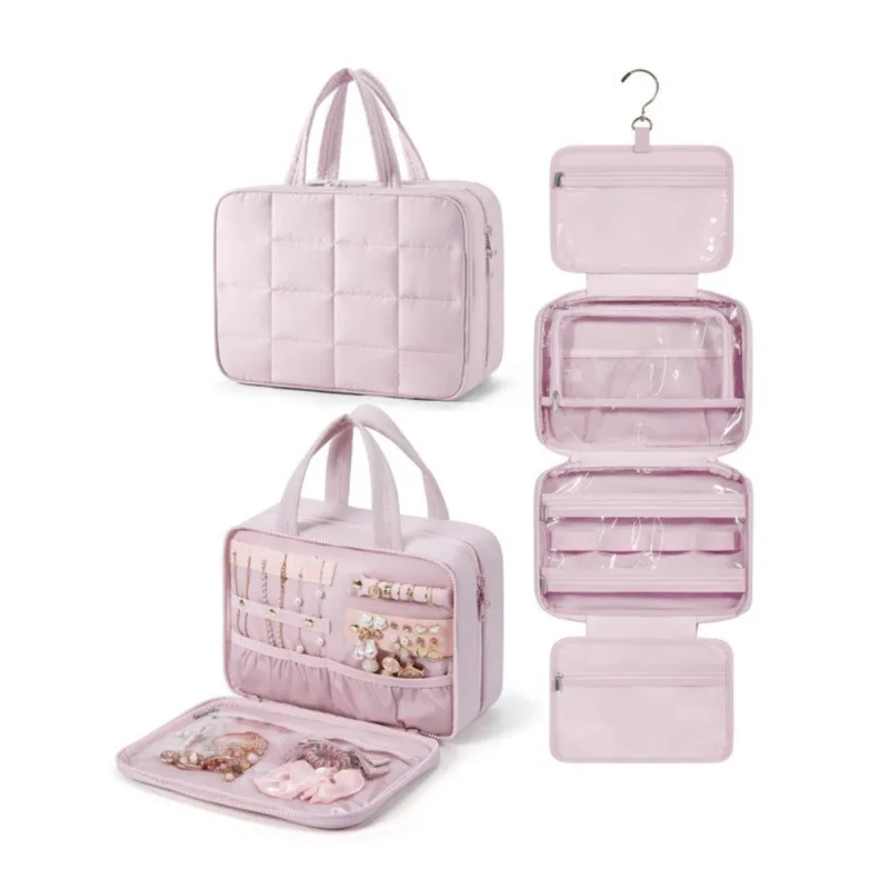Foldable Plaid Makeup Bag Women Travel Organizer Hanging Toiletry Cosmetic Bag Waterproof Make Up Beauty Pouch Bathroom Storage