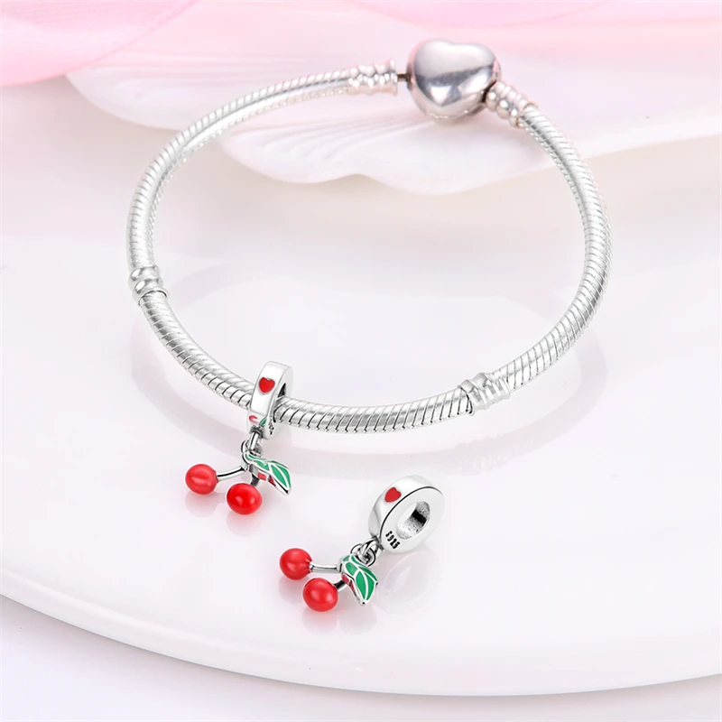 925 Sterling Silver Strawberry Cherry Apple Avocado Fruit Charms Pendants Fit DIY 925 Original BraceletS Birthday Jewelry