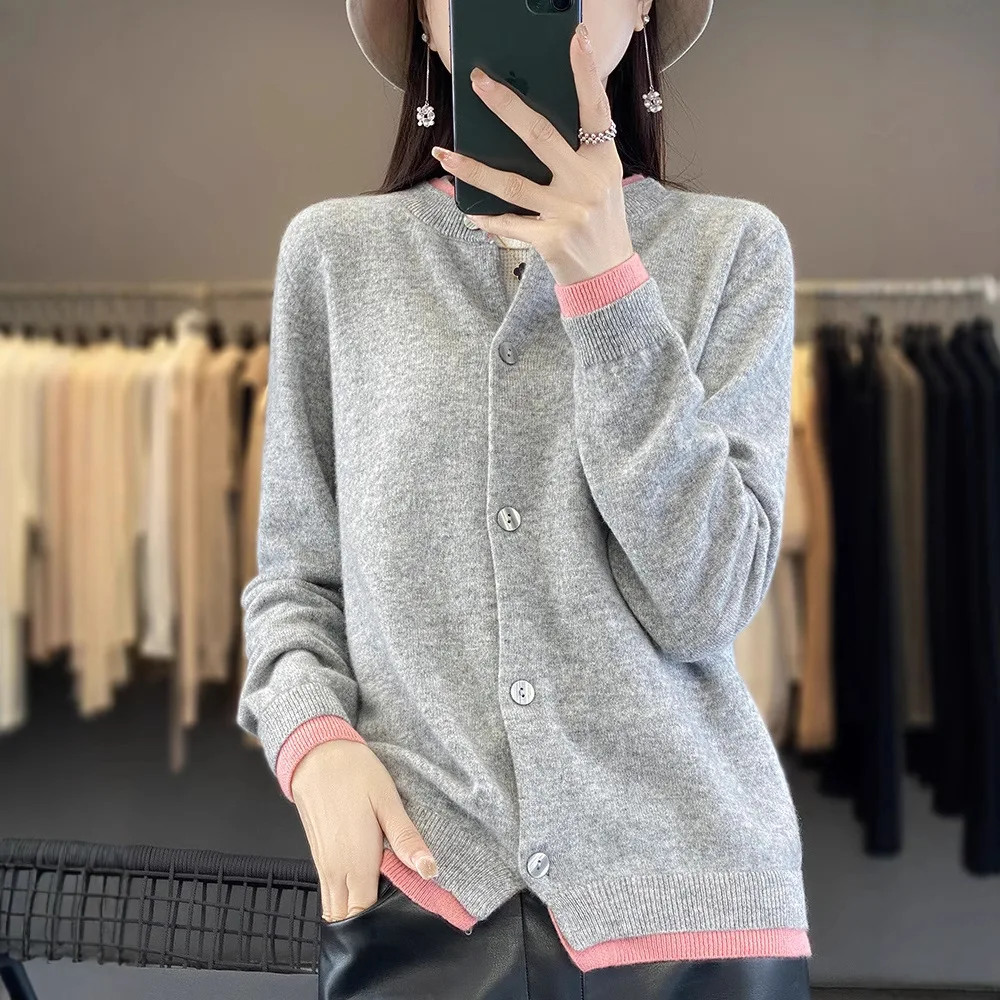 

Thickened Open Cardigan Women Loose Knitted Sweater Half Tone Round Neck Versatile Outerwear Lazy Style Double Color Top