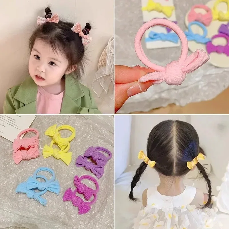 5Pcs/Set Cute Bowknot Solid Colors Girls Hair Rope Hair Accessories High Elastic Hair Tie Nylon Scrunchie Headbands Headwear