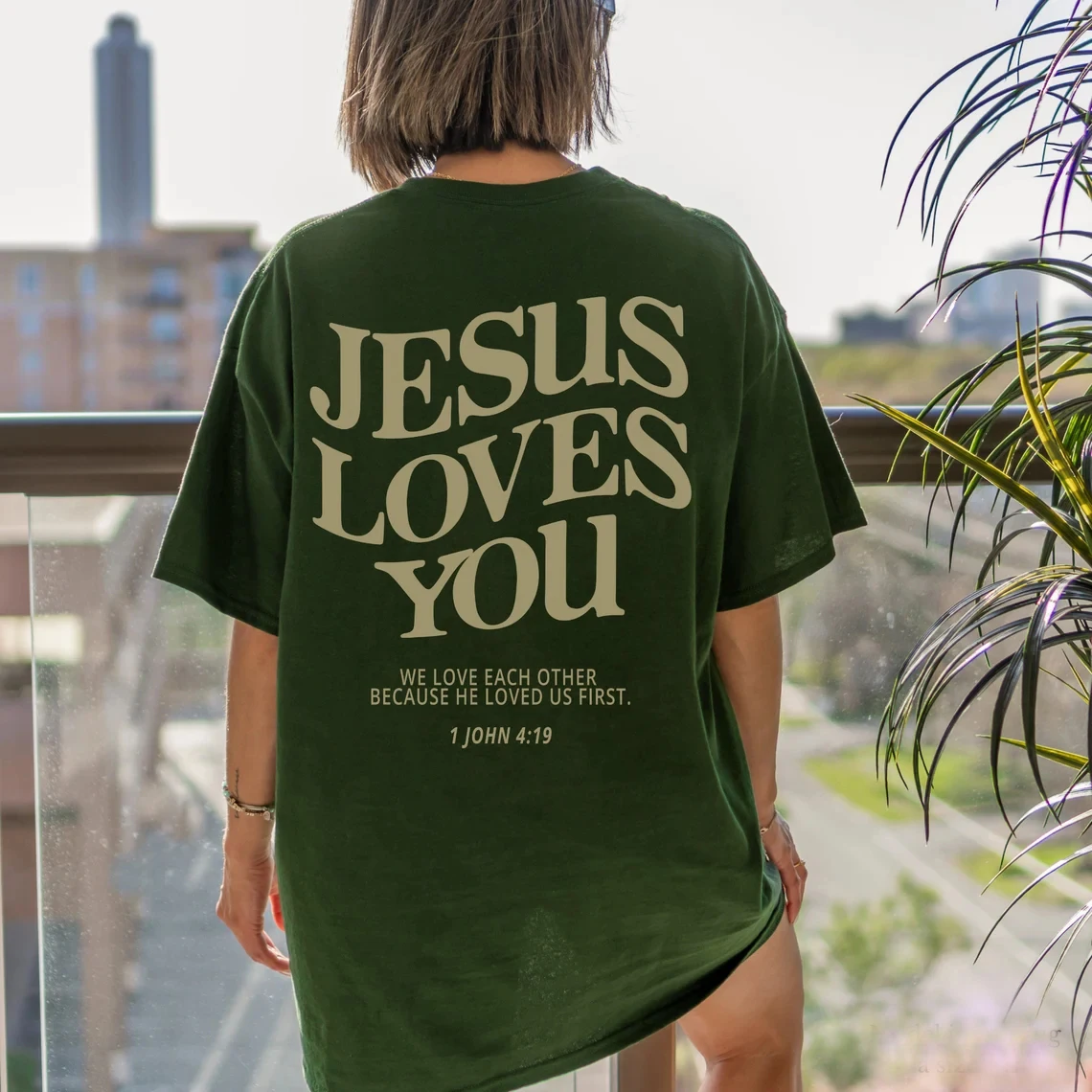 Jesus Loves You Christian Oversized T-Shirt We Love Each Other Loose Tee Women Trendy Casual Cotton Aesthetic Top