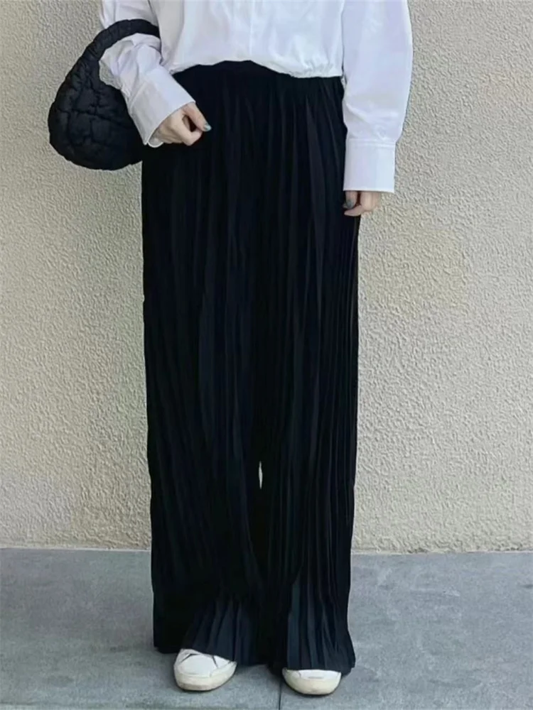 Black Women Pleated Wide Leg Pants Casual Elastic Waist Spring Summer 2024 Female Straight Long Trousers