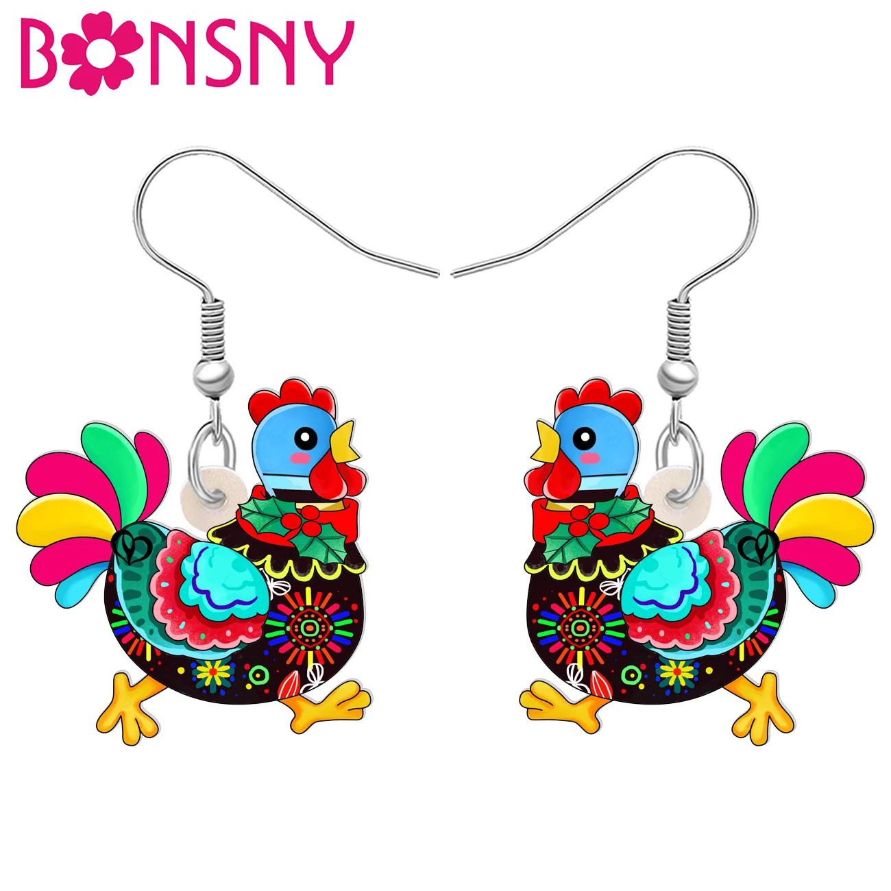 BONSNY Acrylic Floral Hen Drop Dangle Earrings Jewelry For Women Kids Christmas Charms Gifts Accessory