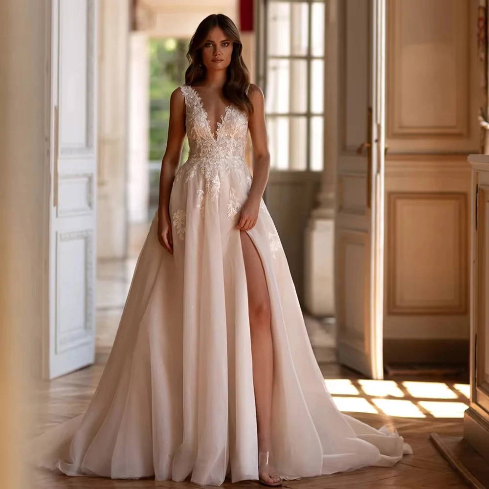 

Sexy V-Neck A-Line Women Wedding Dresses Elegant Lace Appliques Bridal Gowns Princess Banquet Vestidos De Novias 2025 Customized
