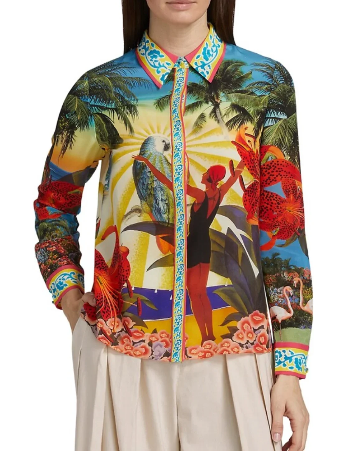 

100% Silk Women Coconut Tree Print Shirt Turn-down Collar Single Breasted Long Sleeve Fashion Ladies Blouse Top