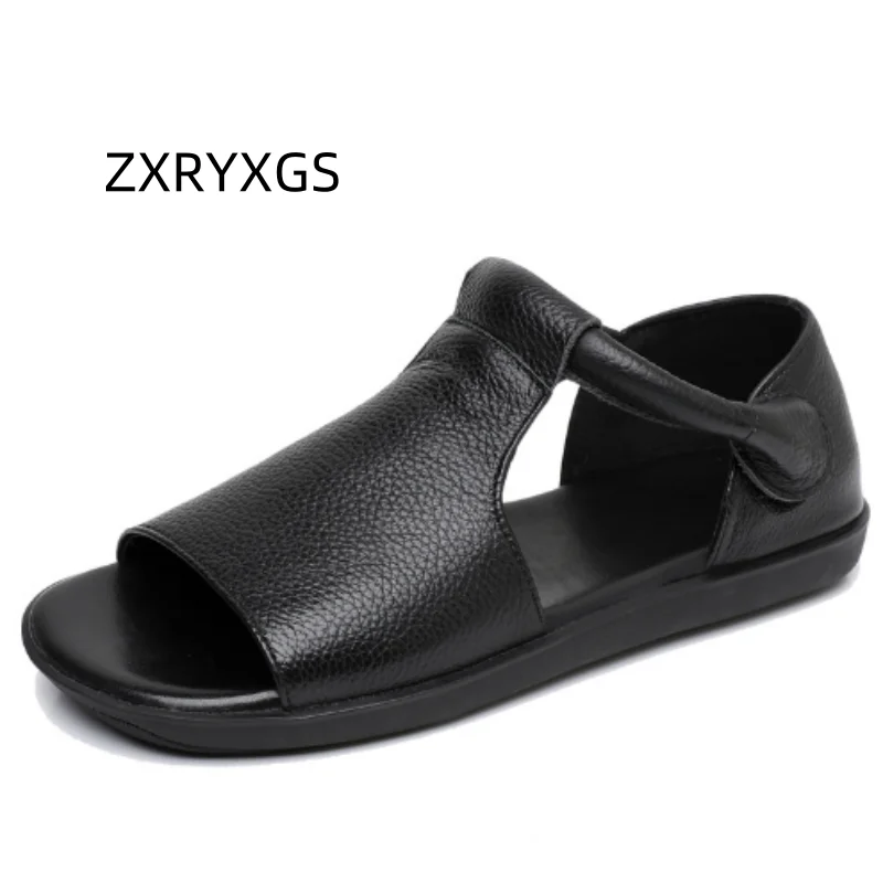 ZXRYXGS Top Cowhide Fish Mouth Sandals 2025 New Summer Women Real Leather Sandals Flat Soft Sole Comfortable Casual Sandals